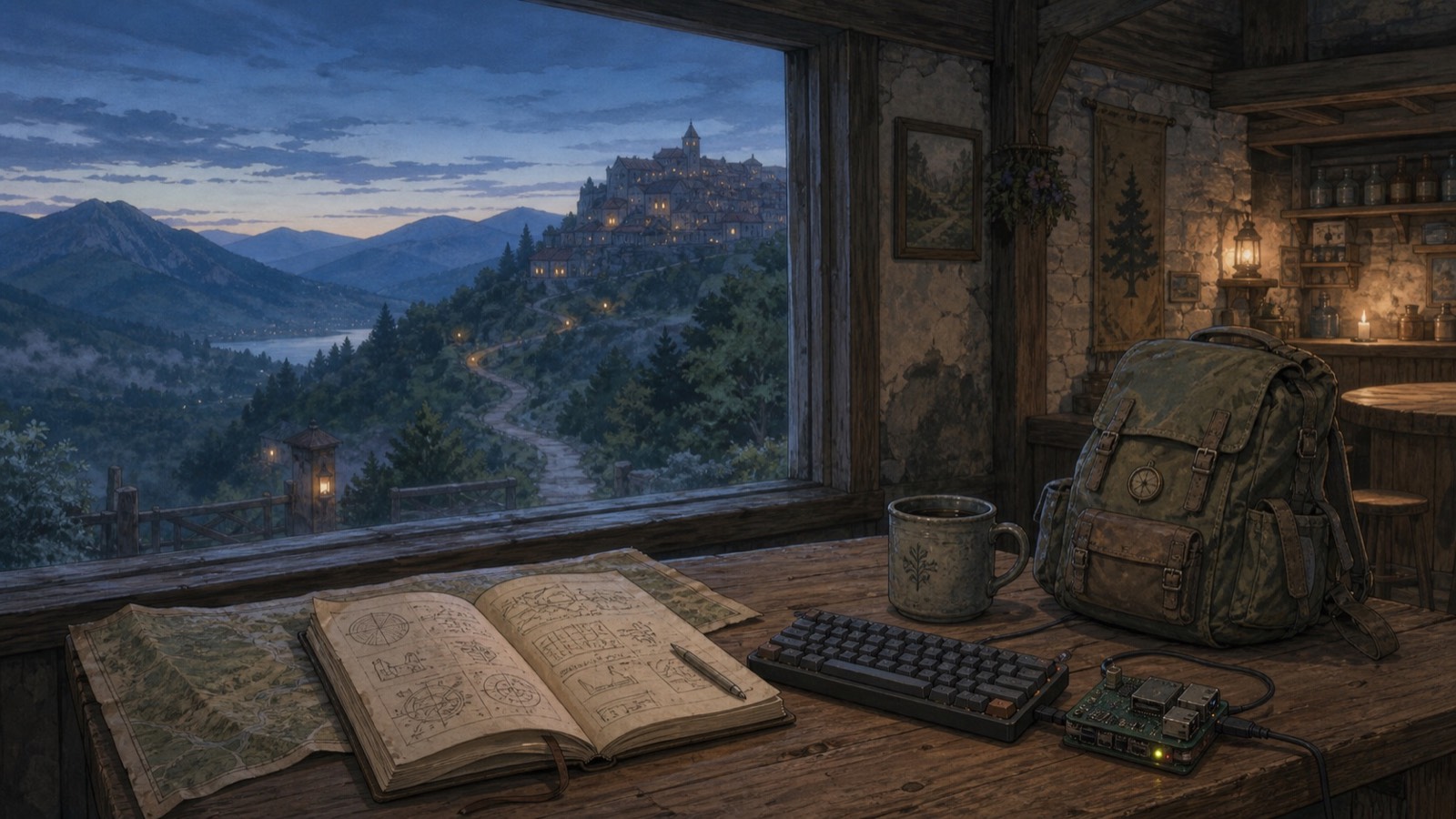 Eine gemütliche Bergtaverne mit Reisetagebuch, Keyboard und Blick auf eine ferne Stadt